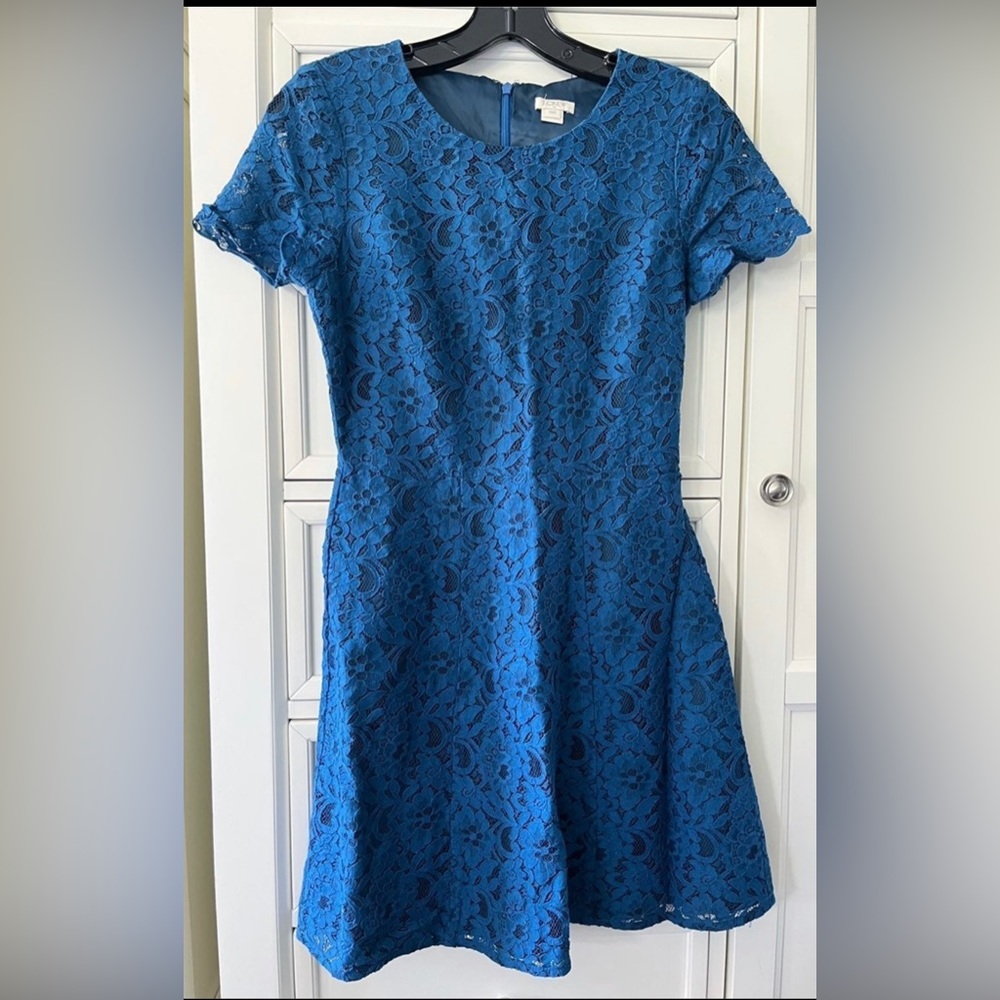 J Crew Floral Lace Cobalt Blue Short Sleeve A-Line Mini Dress 00